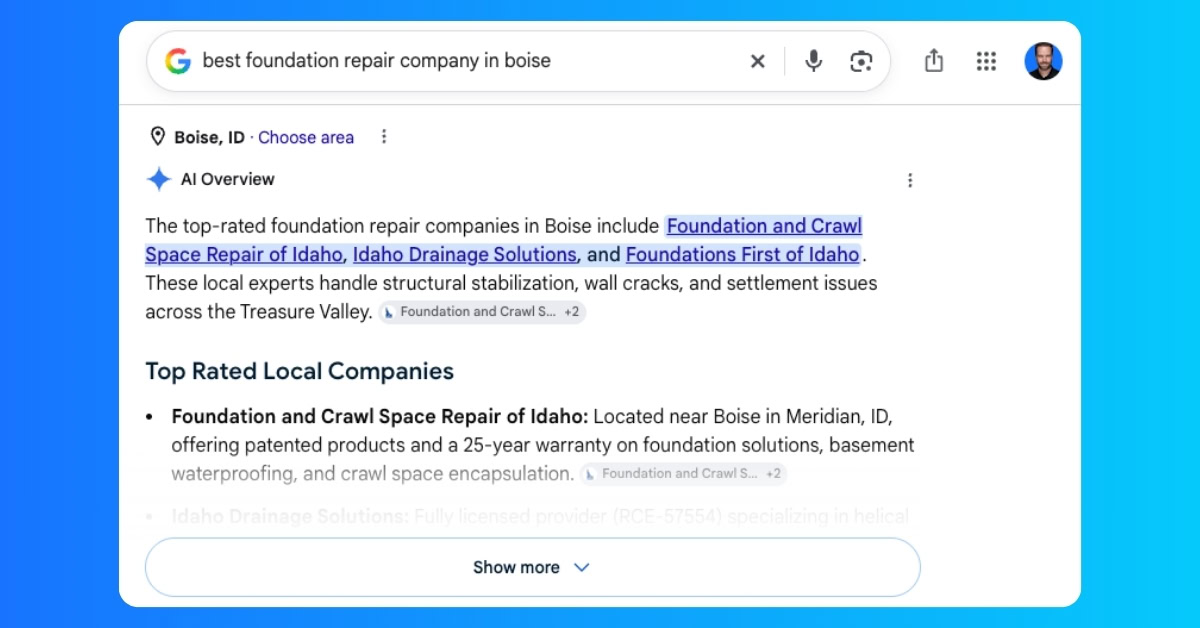 Example of AI Overview for local SEO in Google
